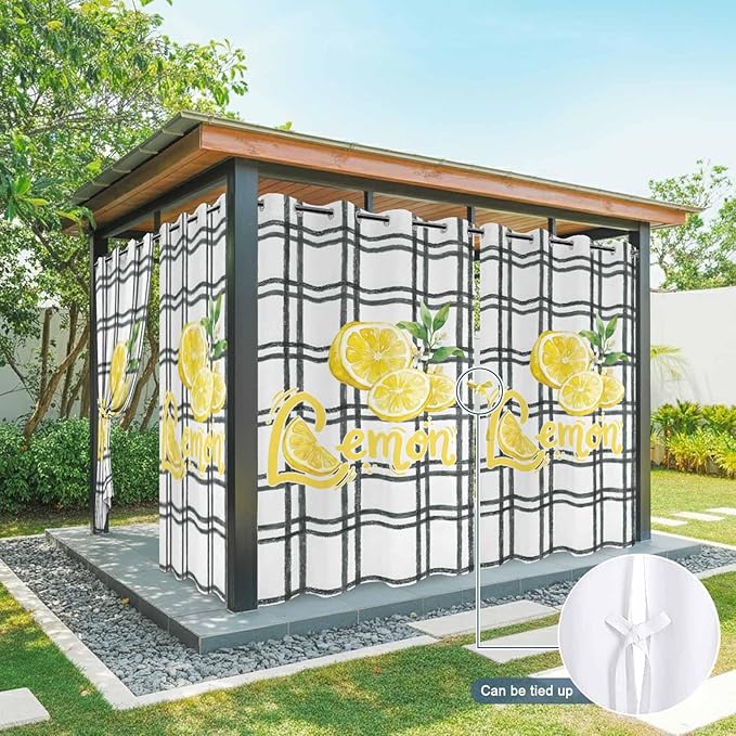 Lemon Outdoor Curtains for Patio Lemon Leaves Summer Plaid Buffalo Waterproof Outside Curtains with Grommet Top Weatherproof Curtain for Cabana Pergola Gazebo, 1 Panel, 54" W x 84" L