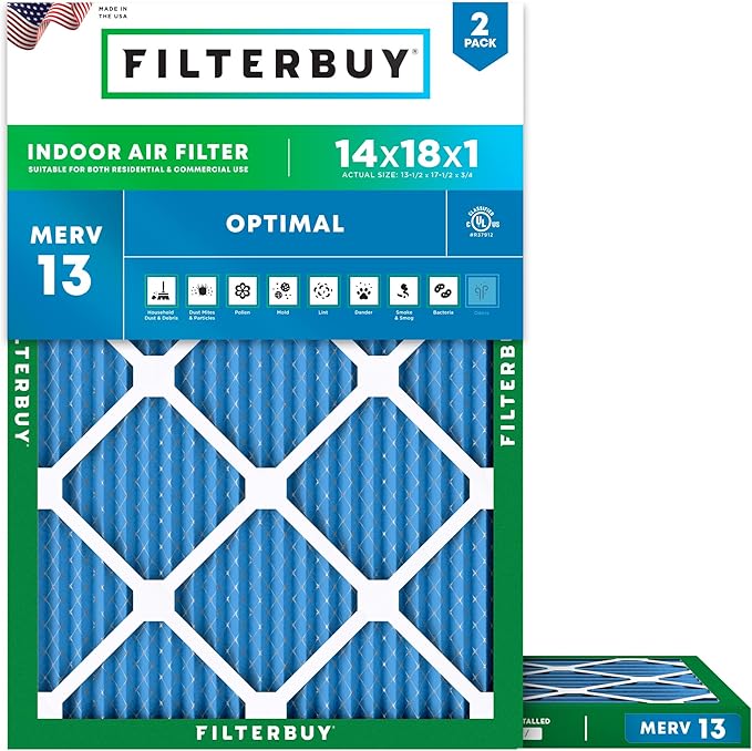 Filterbuy 14x18x1 Air Filter MERV 13 Optimal Smoke & Allergy Defense (2-Pack), Electrostatic Pleated HVAC AC Furnace Filters Replacement, Made in USA (Actual Size: 13.50 x 17.50 x 0.75)