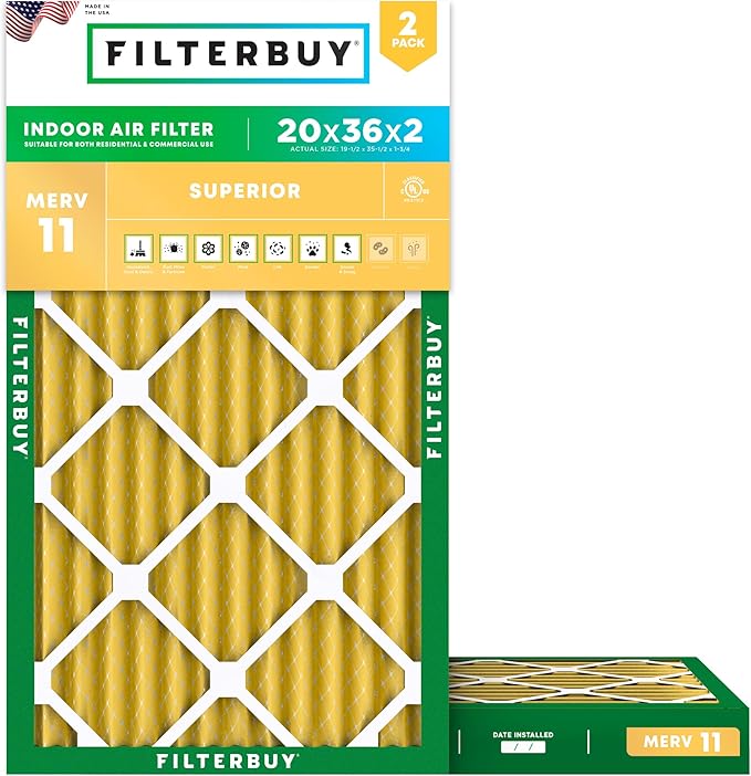 Filterbuy 20x36x2 Air Filter MERV 11 Superior Pet & Allergy Defense (2-Pack), Electrostatic Pleated HVAC AC Furnace Filters Replacement, Made in USA (Actual Size: 19.50 x 35.50 x 1.75)