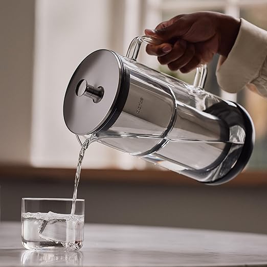 Aarke Purifier Regular 1.18L Glass Pitcher Bundle w/Steel Filter, BPA-Free, 4 Pure Refill Granules - Filters Heavy Metals