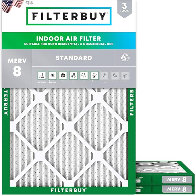 Filterbuy 21.5x23.5x1 Air Filter MERV 8 Essential Dust & Allergy Defense (3-Pack), Electrostatic Pleated HVAC AC Furnace Filters Replacement for Bryant and Carrier (Actual Size: 21.50 x 23.50 x 0.75)