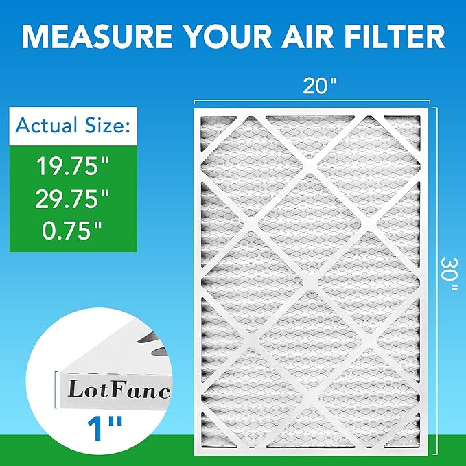 LotFancy 20x30x1 Air Filter MERV 8 6-Pack, Electrostatic Pleated Furnace & AC Filter, Captures Dust, Pet Hair, Pollen, Actual Size: 19.75"x29.75"x0.75"