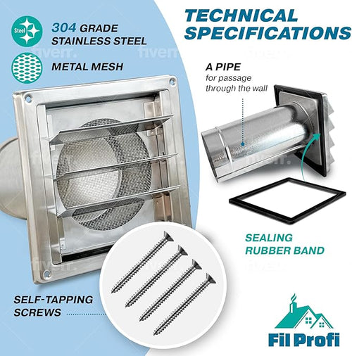 (4 Inch) Wall Vent Cover with Metal Mesh Screen,Exterior Hood Vent for House,Extended air Pipe.