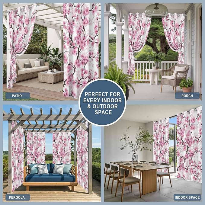 Cherry Flowers Outdoor Curtains for Patio Spring Flower Vintage Watercolor Waterproof Outside Curtains with Grommet Top Weatherproof Curtain for Cabana Pergola Gazebo, 1 Panel, 54" W x 95" L