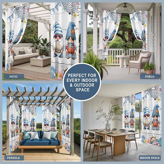 Ocean Gnome Outdoor Curtains for Patio Summer Marine Plumeria Shell Wooden Waterproof Outside Curtains with Grommet Top Weatherproof Curtain for Cabana Pergola Gazebo, 2 Pack, 54" W x 95" L