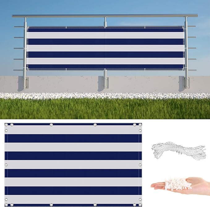 Privacy Fence Screen 2' x 13.1' (HDPE) UV Protection Weather-Resistant Patio Privacy Screen, Easy Installation with Zip Ties for Outdoor Patio Apartment Backyard Porch Deck Railing, Blue Stripes