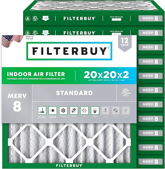 Filterbuy 20x20x2 Air Filter MERV 8 Essential Dust & Allergy Defense (12-Pack), Electrostatic Pleated HVAC AC Furnace Filters Replacement, Made in USA (Actual Size: 19.50 x 19.50 x 1.75)