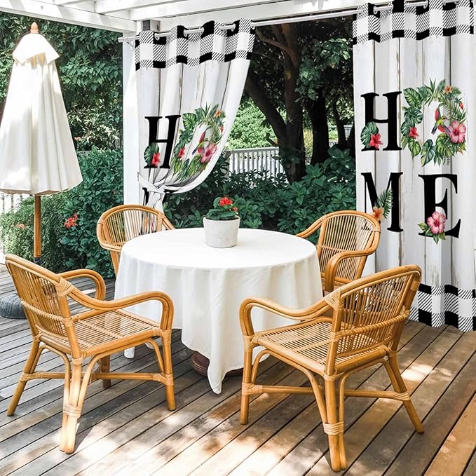 Summer Outdoor Curtains for Patio Leaves Garland Plumeria Wood Buffalo Plaid Waterproof Outside Curtains with Grommet Top Weatherproof Curtain for Cabana Pergola Gazebo, 2 Pack, 54" W x 108" L