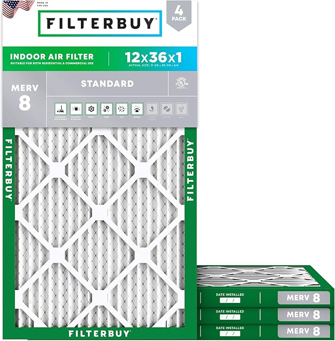 Filterbuy 12x36x1 Air Filter MERV 8 Essential Dust & Allergy Defense (4-Pack), Electrostatic Pleated HVAC AC Furnace Filters Replacement, Made in USA (Actual Size: 11.88 x 35.88 x 0.75)