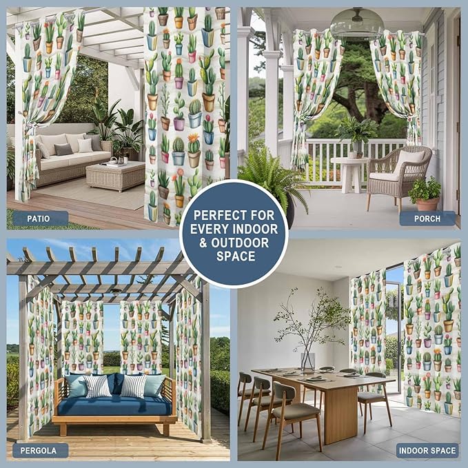 Summer Cactus Outdoor Curtains for Patio Cactus Tropical Plant Wooden Waterproof Outside Curtains with Grommet Top Weatherproof Curtain for Cabana Pergola Gazebo, 2 Pack, 54" W x 108" L