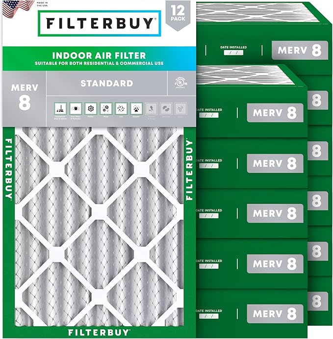 Filterbuy 12x20x4 Air Filter MERV 8 Essential Dust & Allergy Defense (12-Pack), Electrostatic Pleated HVAC AC Furnace Filters Replacement, Made in USA (Actual Size: 11.50 x 19.50 x 3.63)