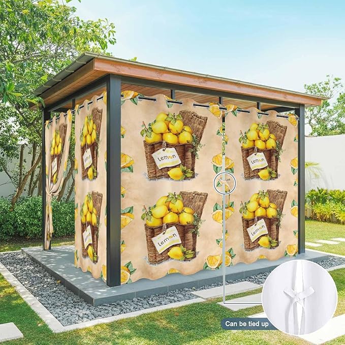 Lemon Outdoor Curtains for Patio Lemons in Baskets Summer Tropical Plant Brown Waterproof Outside Curtains with Grommet Top Weatherproof Curtain for Cabana Pergola Gazebo, 2 Pack, 54" W x 108" L
