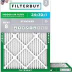 Filterbuy 24x30x1 Air Filter MERV 8 Essential Dust & Allergy Defense (2-Pack), Electrostatic Pleated HVAC AC Furnace Filters Replacement, Made in USA (Actual Size: 23.88 x 29.88 x 0.75)