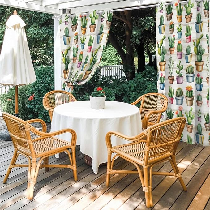 Summer Cactus Outdoor Curtains for Patio Cactus Tropical Plant Wooden Waterproof Outside Curtains with Grommet Top Weatherproof Curtain for Cabana Pergola Gazebo, 1 Panel, 54" W x 108" L
