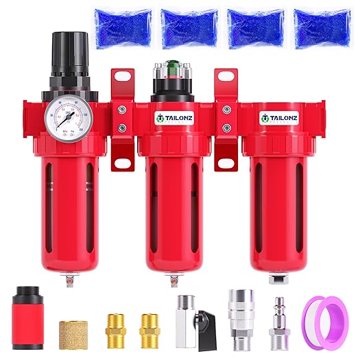 TAILONZ PNEUMATIC 0-150PSI 1/2 Inch NPT Aluminum Alloy Industrial Grade Three Stage Air Drying System, Particulate Filter, Coalescing Filter, Desiccant Dryer and Air Regulator (Manual Drainage)