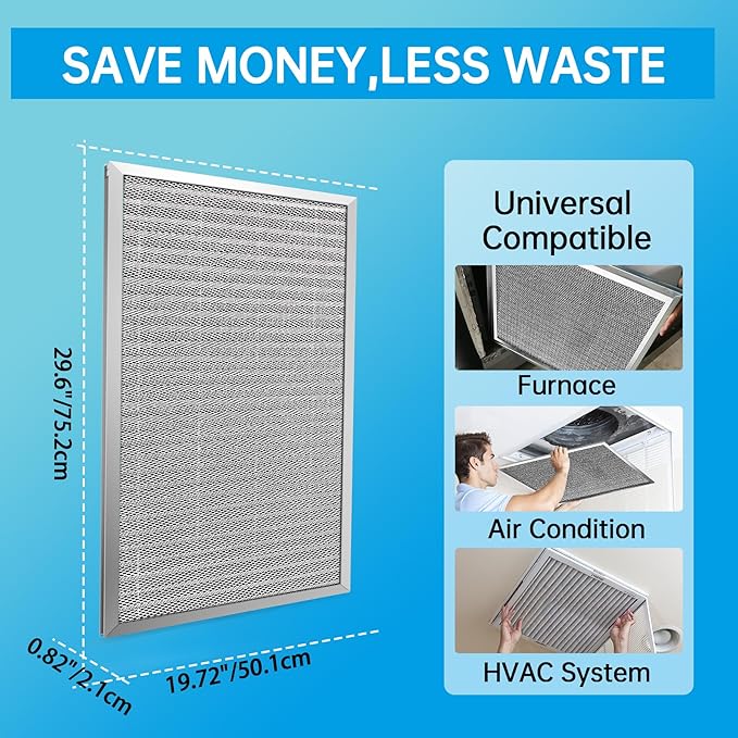 UBeesize 20x30x1 Reusable Electrostatic Air Filter HVAC AC Furnace Filter,MERV 8,Washable, Lasts a Lifetime,Permanent Air Filter,Breathe Fresher,Home And Office(Actual Size:19.5x29.65x0.82 Inch)