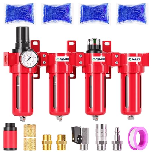 TAILONZ PNEUMATIC 1/2 Inch NPT 0-150 PSI Red Industrial Grade 4 Stage Air Drying System, Double Particulate Filter, Coalescing Filte,Desiccant Dryer and Air Regulator Manual Drainage