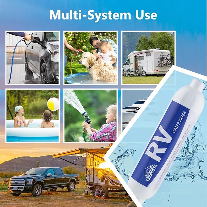 RV Water Filter - Inline Water Filter with 2 Flexible Hose Protector - NSF & ANSI 42 Certified - Camping Essentials for Reducing Odors, Bad Taste, Chlorine and Rust (4 Pack)