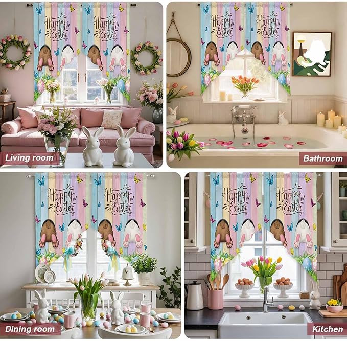 Swag Curtain Valances for Kitchen Windows,Happy Easter Rabbit Butt Egg on Daisy Leaf Short Rod Pocket Window Valance,Bufferfly on Wood Barn Swag Topper for Bedroom Living Room,2 Panels 36x63in