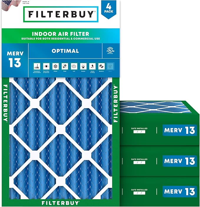 Filterbuy 16x24x4 Air Filter MERV 13 Optimal Smoke & Allergy Defense (4-Pack), Electrostatic Pleated HVAC AC Furnace Filters Replacement, Made in USA (Actual Size: 15.38 x 23.38 x 3.63)