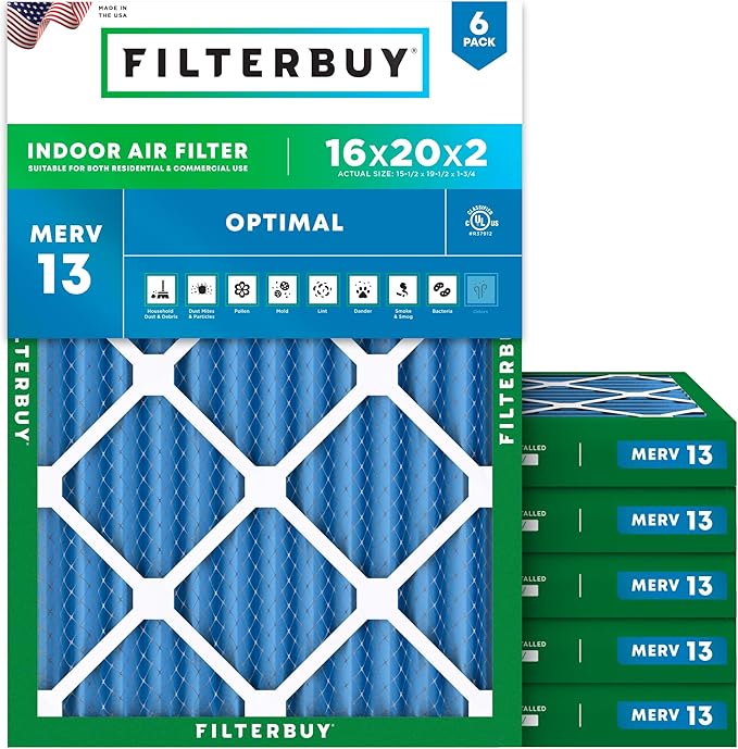 Filterbuy 16x20x2 Air Filter MERV 13 Optimal Smoke & Allergy Defense (6-Pack), Electrostatic Pleated HVAC AC Furnace Filters Replacement, Made in USA (Actual Size: 15.50 x 19.50 x 1.75)
