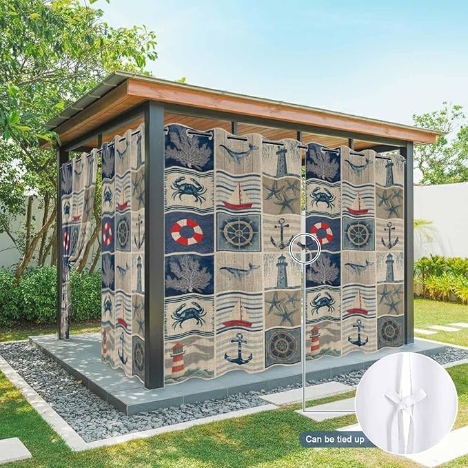 Oceans Outdoor Curtains for Patio Shell Starfish Whales Summer Vintage Waterproof Outside Curtains with Grommet Top Weatherproof Curtain for Cabana Pergola Gazebo, 2 Pack, 54" W x 95" L