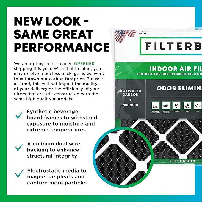 Filterbuy 20x30x1 Air Filter MERV 10 Odor & Allergy Defense with Activated Carbon (3-Pack), Electrostatic Pleated HVAC AC Furnace Filters Replacement, Made in USA (Actual Size: 19.63 x 29.63 x 0.75)