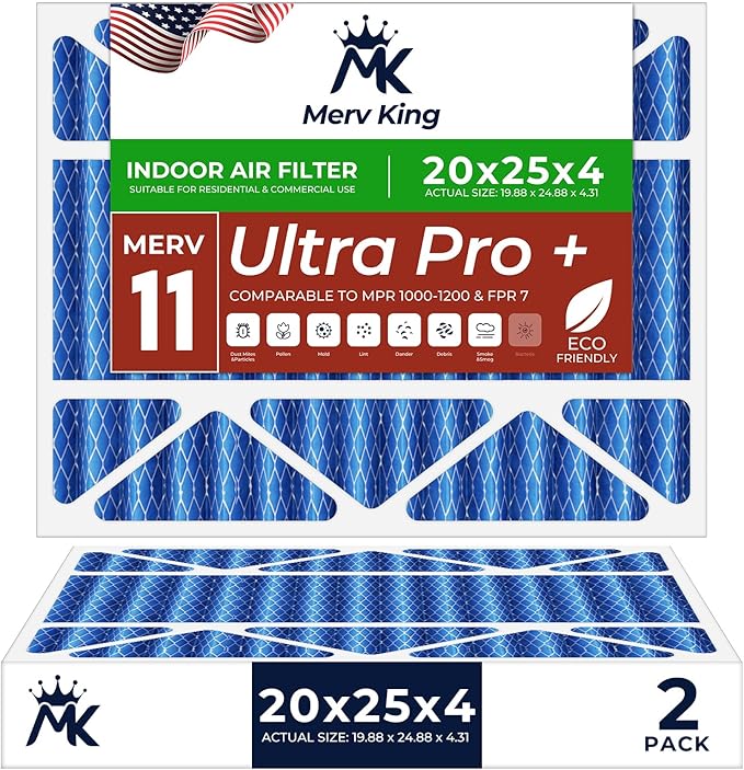 MervKing 20x25x4 Air Filter Actual Size: 19.88" x 24.88" x 4.31" MERV 11 MPR 1000-1200 | MADE IN USA | 2-Pack | Pleated HVAC AC Furnace Replacement