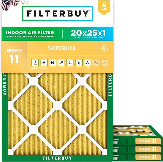 Filterbuy 20x25x1 Air Filter MERV 11 Superior Pet & Allergy Defense (4-Pack), Electrostatic Pleated HVAC AC Furnace Filters Replacement, Made in USA (Actual Size: 19.50 x 24.50 x 0.75)