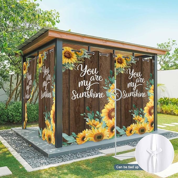 Summer Outdoor Curtains for Patio Sunflowers Eucalyptus Leaves Wood Waterproof Outside Curtains with Grommet Top Weatherproof Curtain for Cabana Pergola Gazebo, 2 Pack, 54" W x 108" L