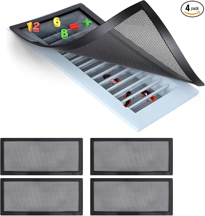 Magnetic Floor Register Vent Covers, 5.5 x 12 Inch Air Vent Filter Mesh, Sticky Magnet PVC Vent Screen Net for Wall Ceiling Floor Catches Toys Snacks Pet Hair and Pet Food 4 Pack