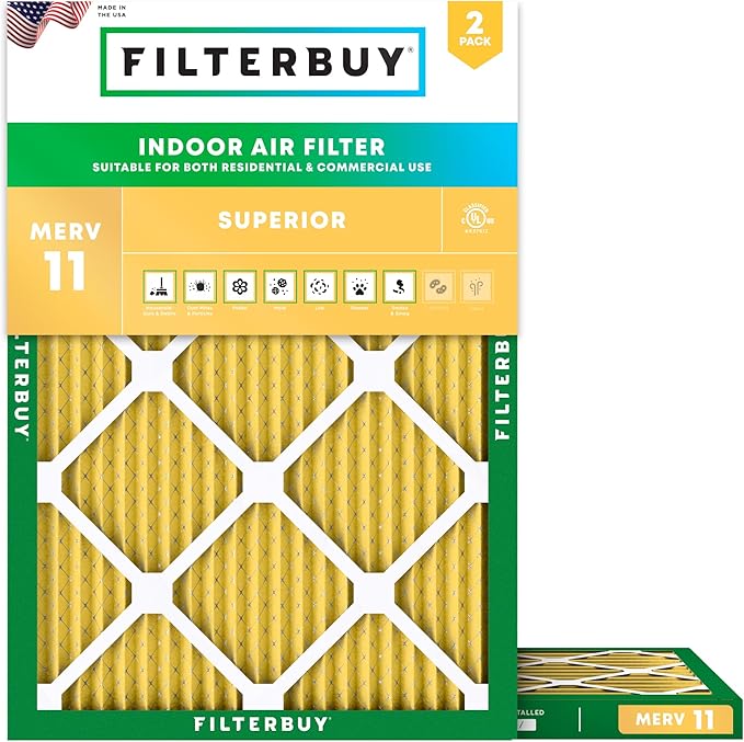 Filterbuy 19.88x21.5x1 Air Filter MERV 11 Superior Pet & Allergy Defense (2-Pack), Electrostatic Pleated HVAC AC Furnace Filters Replacement, Made in USA (Actual Size: 19.88 x 21.50 x 0.75)