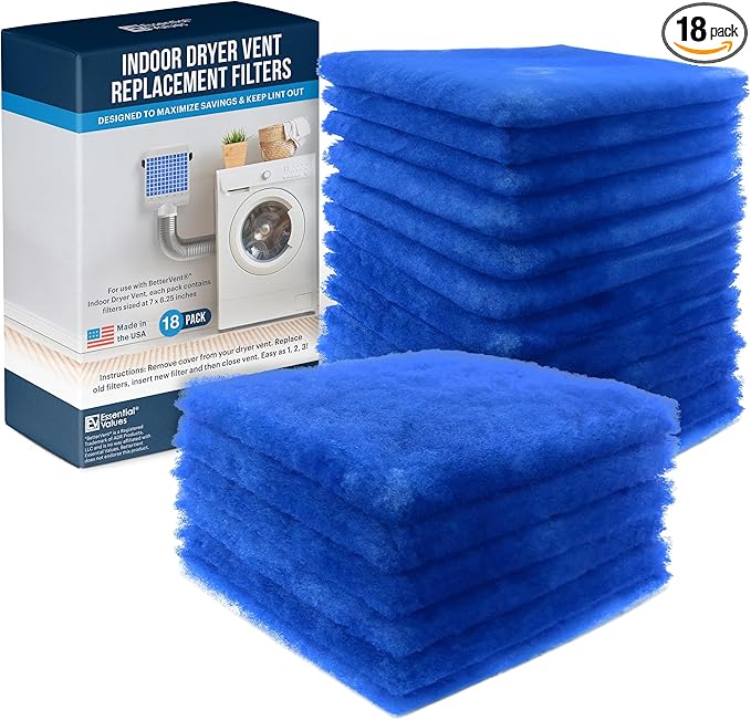 Essential Values 18 Pack Compatible Replacement Filters (90 Dryer Loads Total) Compatible with Bettervent Indoor Dryer Vent