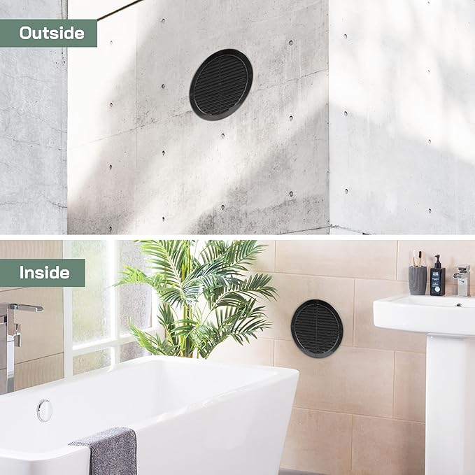 Vent Systems 8" Inch (Opening Dimensions) - Pack of 100 - Black Soffit Vent Cover - Plastic Round Air Vent Grille - Built-in Mesh Screen - HVAC Register Louver for Bathroom, Home, Kitchen