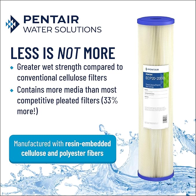 Pentair Pentek ECP5-20BB Big Blue Sediment Water Filter, 20-Inch, Whole House Heavy Duty Pleated Cellulose Polyester Replacement Cartridge, 20" x 4.5", White End-Cap, 5 Micron, Pack of 6