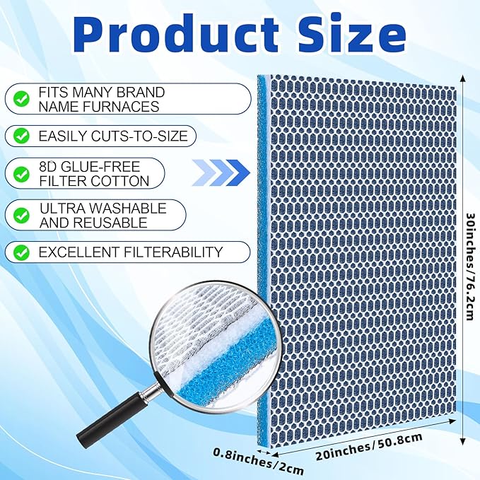 2 Pieces 8D Washable Air Filter Reusable Replacement Air Filter 30 x 20 Inch Cut to Fit Air Conditioner Filters for Air Conditioning HVAC Furnace Vents