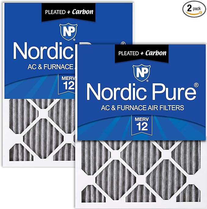 Nordic Pure 12x25x1 (Actual Size: 11 3/4 x 24 3/4 x 3/4) Furnace Air Filters MERV 12 Pleated Plus Carbon 2 Pack
