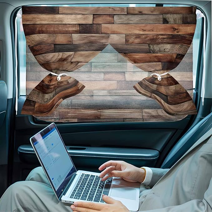 Western Barn Door Magnetic Double Layer Car Window Shades,Side Window Curtains for Blackout/Breathable Mesh View,Vintage Farmhouses Wooden Door Brown Heat Protection Privacy Sun Shades 26x20in 1pcs