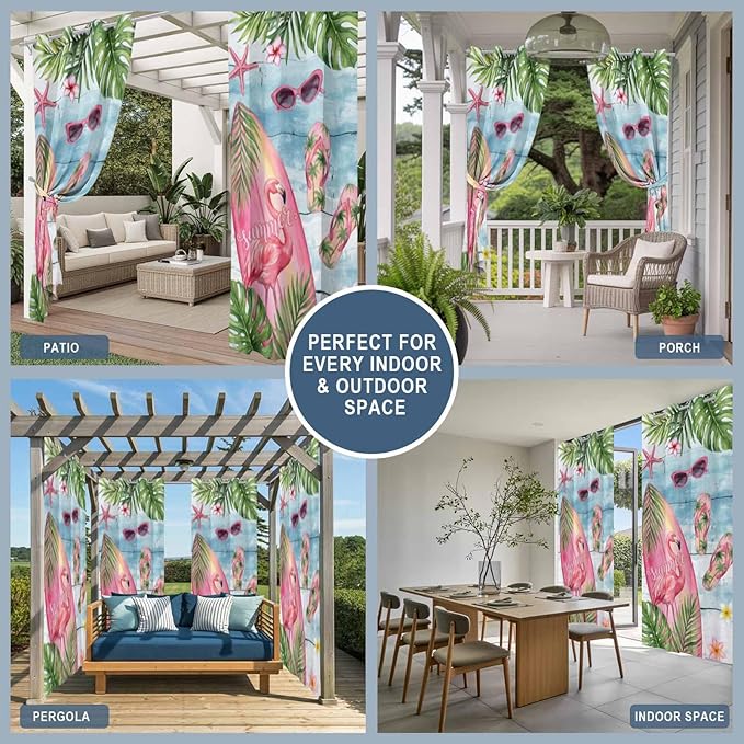 Summer Flamingbirds Outdoor Curtains for Patio Palm Leaves Plumeria Wood Waterproof Outside Curtains with Grommet Top Weatherproof Curtain for Cabana Pergola Gazebo, 1 Panel, 54" W x 95" L