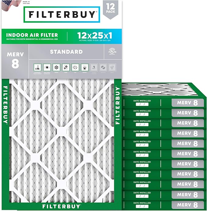 Filterbuy 12x25x1 Air Filter MERV 8 Essential Dust & Allergy Defense (12-Pack), Electrostatic Pleated HVAC AC Furnace Filters Replacement, Made in USA (Actual Size: 11.75 x 24.75 x 0.75)