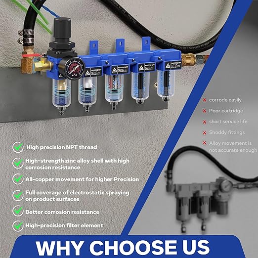 1/4'' NPT 5 Stage Air Drying System,Air Compressor Dryer System,5 &0.5 &0.01 Micron Filter Cartridge,Double Desiccant Dryers & Air Regulator,Metal Bowl, Semi-Auto Drain,Industrial Grade-Blue