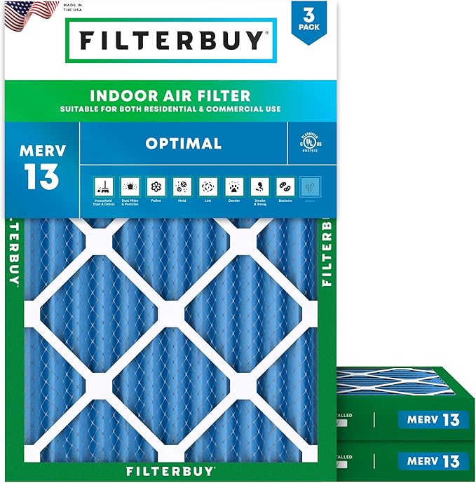 Filterbuy 18x20x2 Air Filter MERV 13 Optimal Smoke & Allergy Defense (3-Pack), Electrostatic Pleated HVAC AC Furnace Filters Replacement, Made in USA (Actual Size: 17.50 x 19.50 x 1.75)