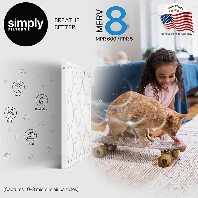 Simply 17x25x1 Air Filter, Merv 8, 6 Pack, For Home AC Furnace & HVAC (Actual Size: 16.75"x24.75"x0.75") DUST, Pet, & Allergy Control