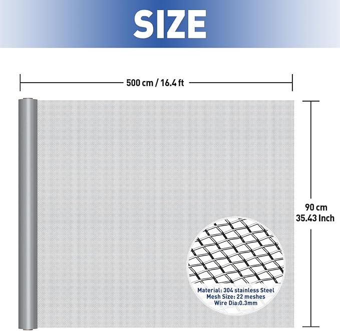 MAGZO 304 Stainless Steel Mesh Screen Roll 35in x 16.4ft - 22 Mesh Pet Proof Metal Window Screen Replacement, Screen Door Mesh for Patio,Porch,Pet,Cage,Vent Cover,Filter,Gutter Guard,Rodent Protection