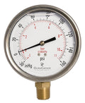 4" Oil Filled Vacuum Pressure Gauge - Stainless Steel Case, Brass, 1/2" NPT, Lower Mount Connection, 30HG/160PSI