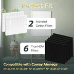 Improvedhand AP-1512HH Replacement Filters for Coway Airmega 200m series AP-1512HH AP-1518R AP-1519P, 3 Pack H13 True High Efficiency Filter & 6 Pack Activated Carbon Pre-Filter