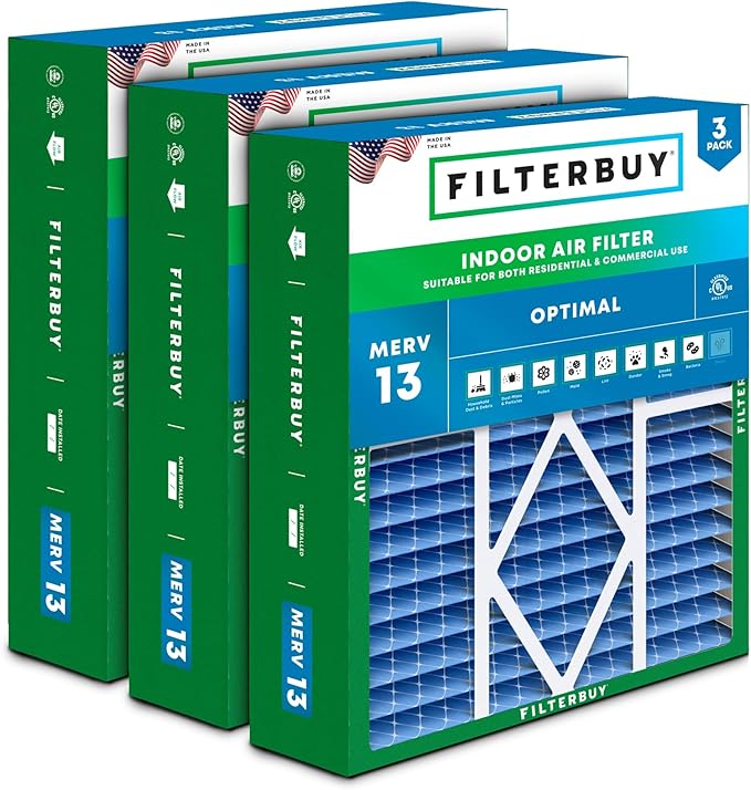 Filterbuy 19x20x5 Air Filter MERV 13 Optimal Smoke & Allergy Defense (3-Pack), Pleated HVAC AC Furnace Filters for Bryant, Carrier, BDP, Day & Night, and Payne (Actual Size: 19.06 x 19.81 x 4.25)