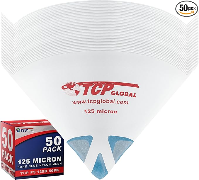 TCP Global - 125 Micron Filter Tips Ultra-Fine Paint Strainer (50 Pack) - Pure Blue Nylon Mesh Cone Strainer - Paint Filter Cones for Auto, House & Hobby