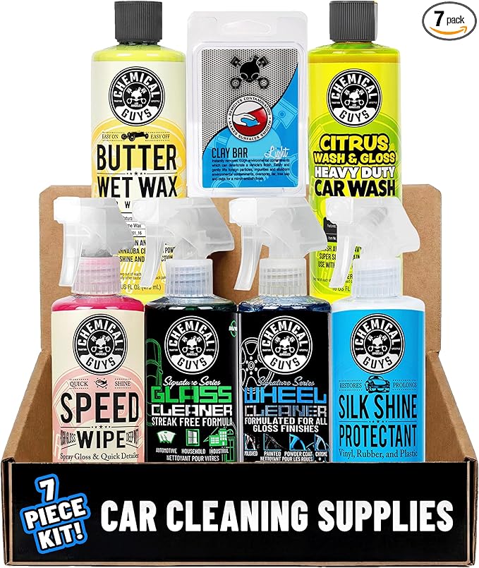Chemical Guys Starter Car Care & Cleaning Kit, 7-Piece Detailing Car Wash Kit with 6 Premium 16 oz Care Chemicals and Accessories for Washing, Waxing, and Interior Cleaning