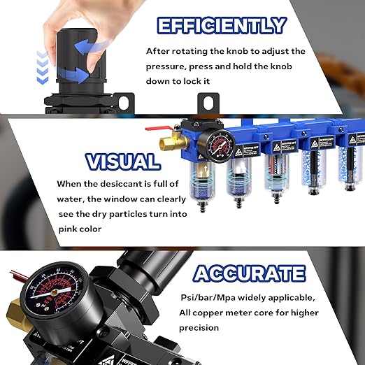 1/4'' NPT 5 Stage Air Drying System,Air Compressor Dryer System,5 &0.5 &0.01 Micron Filter Cartridge,Double Desiccant Dryers & Air Regulator,Metal Bowl, Semi-Auto Drain,Industrial Grade-Blue